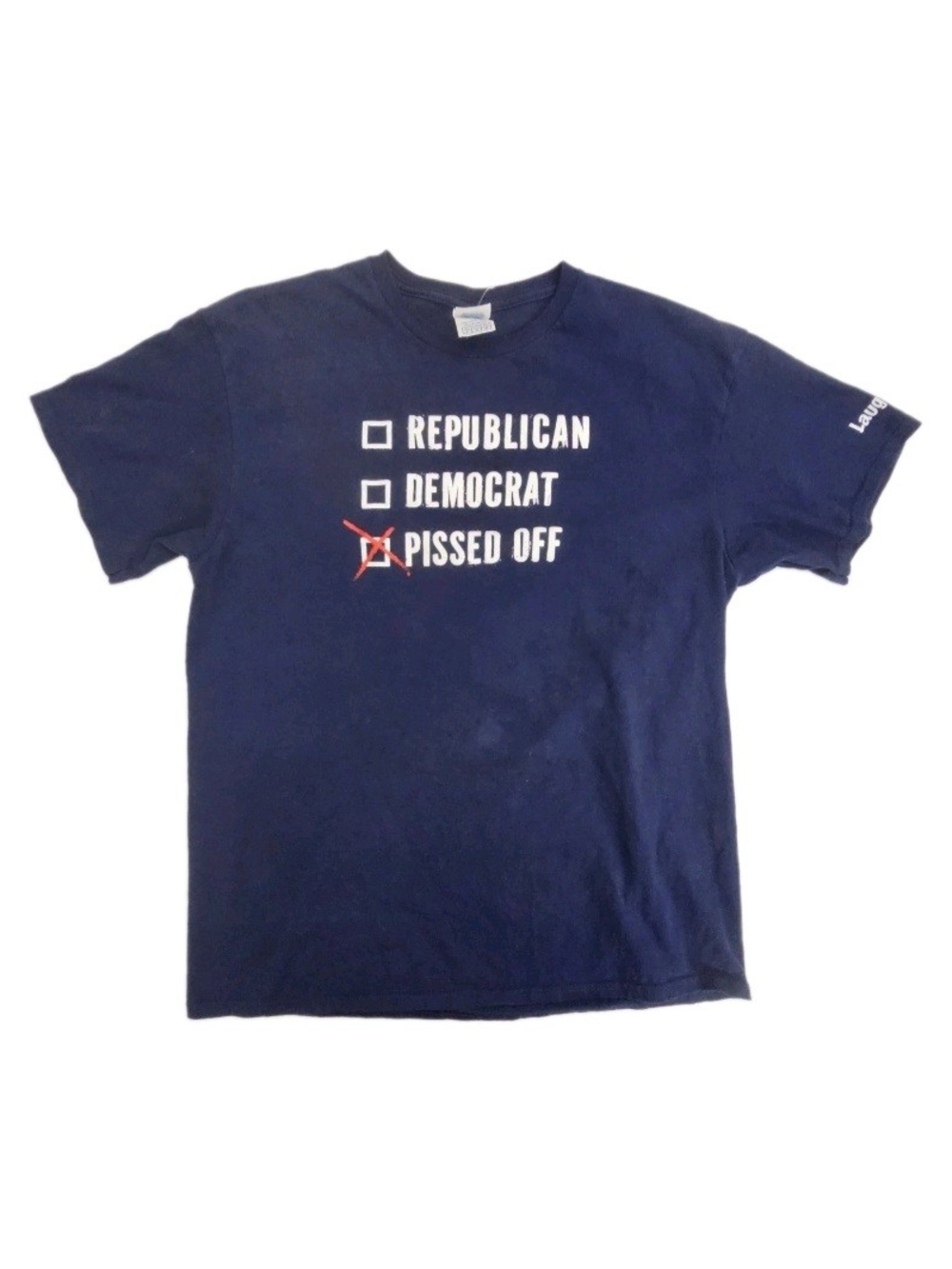 Vintage Political Humor Graphic Tee Shirt Mens Large Navy Y2K Delta Pro Weight